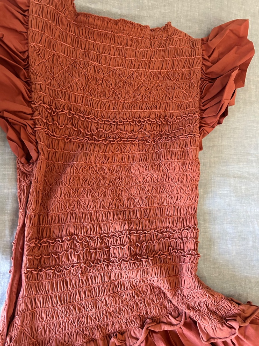 Ulla Johnson Madeline Smocked Flutter Sleeve Cotton Poplin & Jersey Midi Dress - Picture 12 of 15